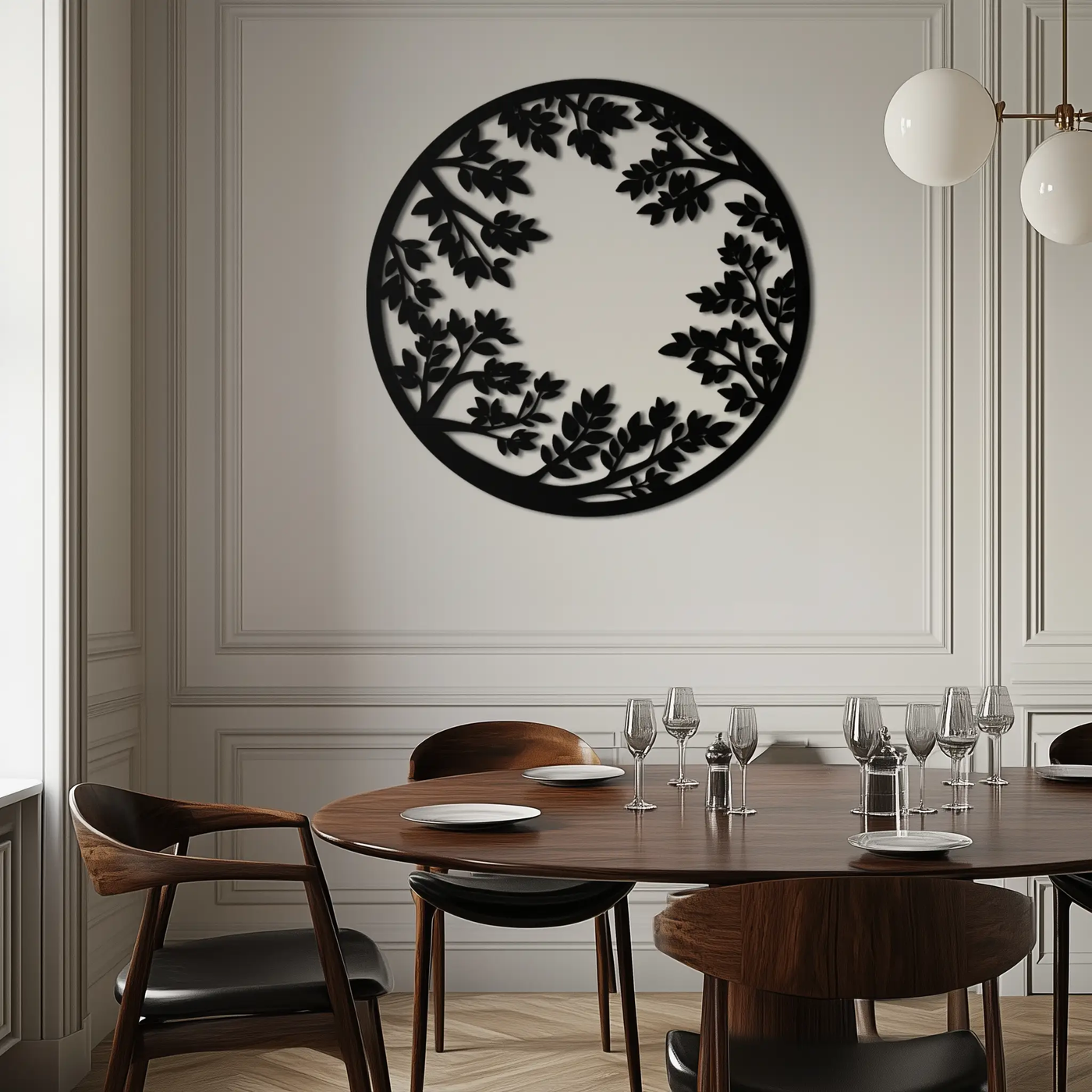 Round Leafy Branches Metal Wall Art – Nature Inspired Circular Black Steel Decor for Modern Interior and Garden- KAF411 by Enova Art