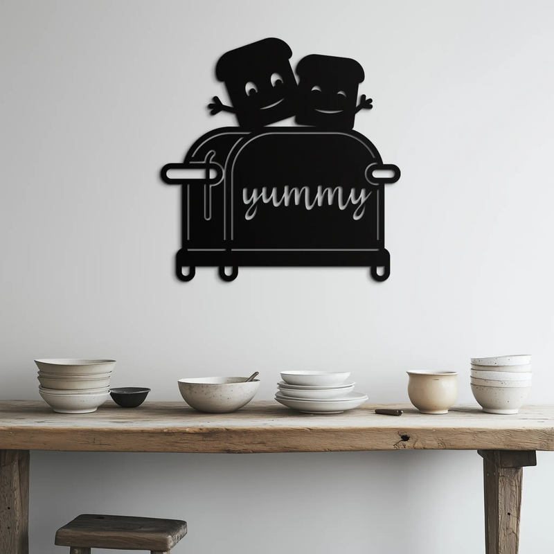 Cute Yummy Toast Metal Wall Art – Playful Kitchen Decor with Smiling Toast Characters on Toaster for Modern Home- KAF412 by Enova Art