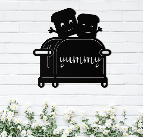 Cute Yummy Toast Metal Wall Art – Playful Kitchen Decor with Smiling Toast Characters on Toaster for Modern Home- KAF412