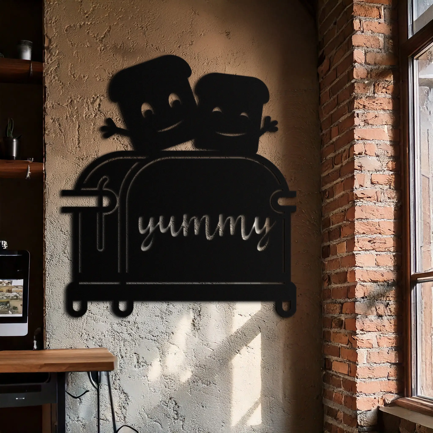 Cute Yummy Toast Metal Wall Art – Playful Kitchen Decor with Smiling Toast Characters on Toaster for Modern Home- KAF412 by Enova Art