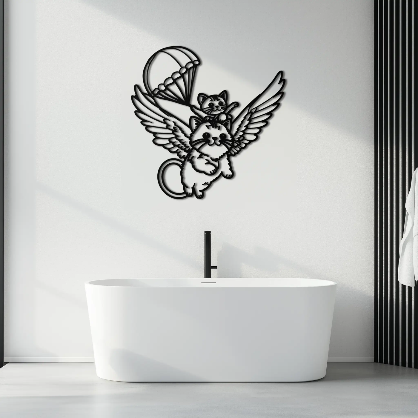 Flying Cats with Parachute Metal Wall Art – Adorable Winged Cat & Kitten Steel Decor for Kids Room and Nursery- KAF413 by Enova Art