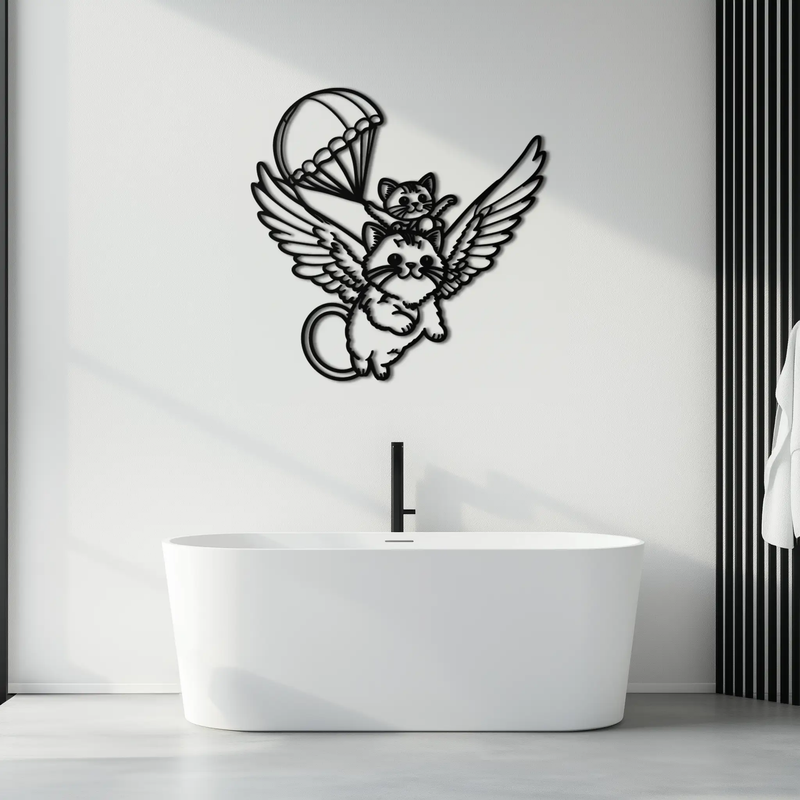 Flying Cats with Parachute Metal Wall Art – Adorable Winged Cat & Kitten Steel Decor for Kids Room and Nursery- KAF413 by Enova Art