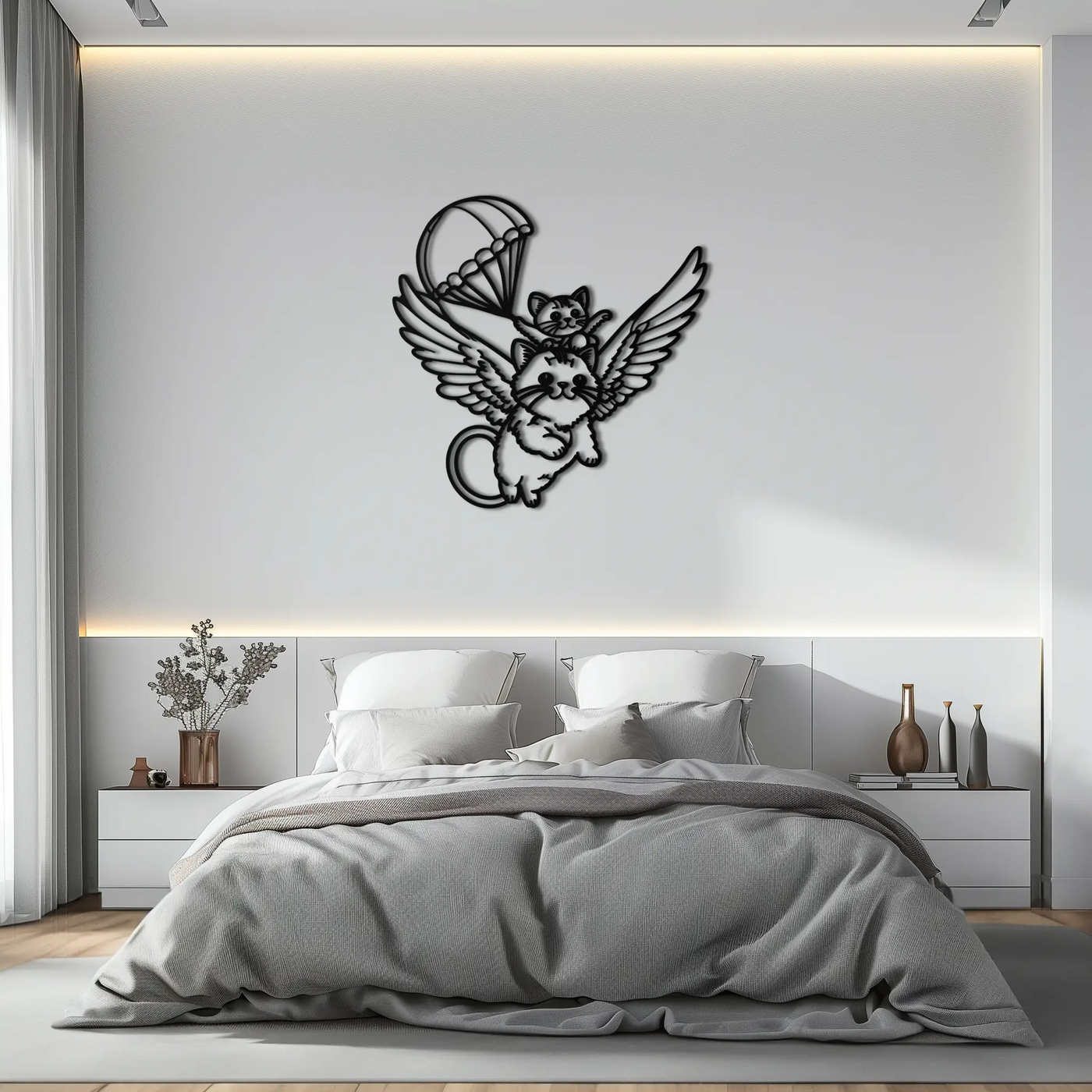 Flying Cats with Parachute Metal Wall Art – Adorable Winged Cat & Kitten Steel Decor for Kids Room and Nursery- KAF413 by Enova Art