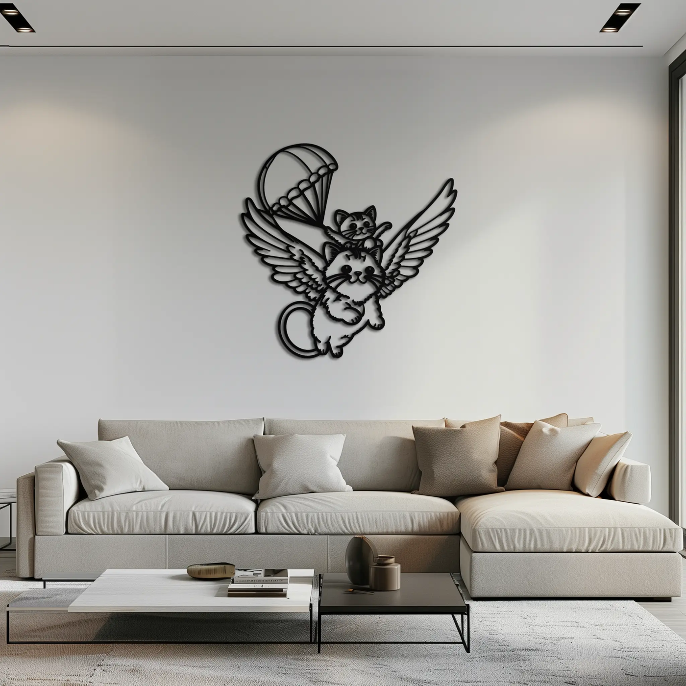 Flying Cats with Parachute Metal Wall Art – Adorable Winged Cat & Kitten Steel Decor for Kids Room and Nursery- KAF413 by Enova Art