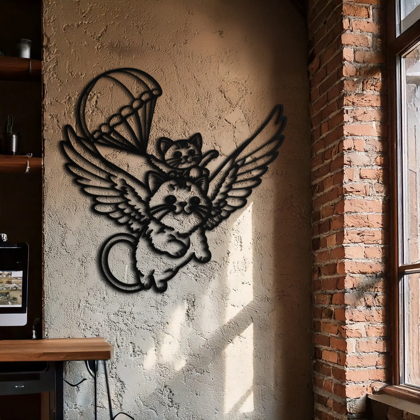 Flying Cats with Parachute Metal Wall Art – Adorable Winged Cat & Kitten Steel Decor for Kids Room and Nursery- KAF413 by Enova Art