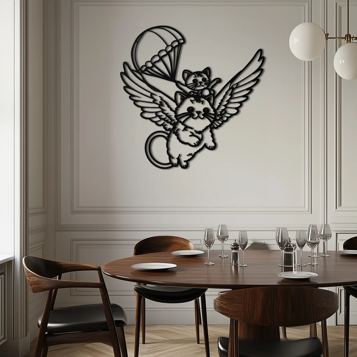 Flying Cats with Parachute Metal Wall Art – Adorable Winged Cat & Kitten Steel Decor for Kids Room and Nursery- KAF413 by Enova Art