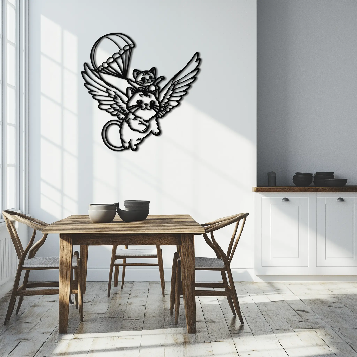Flying Cats with Parachute Metal Wall Art – Adorable Winged Cat & Kitten Steel Decor for Kids Room and Nursery- KAF413 by Enova Art