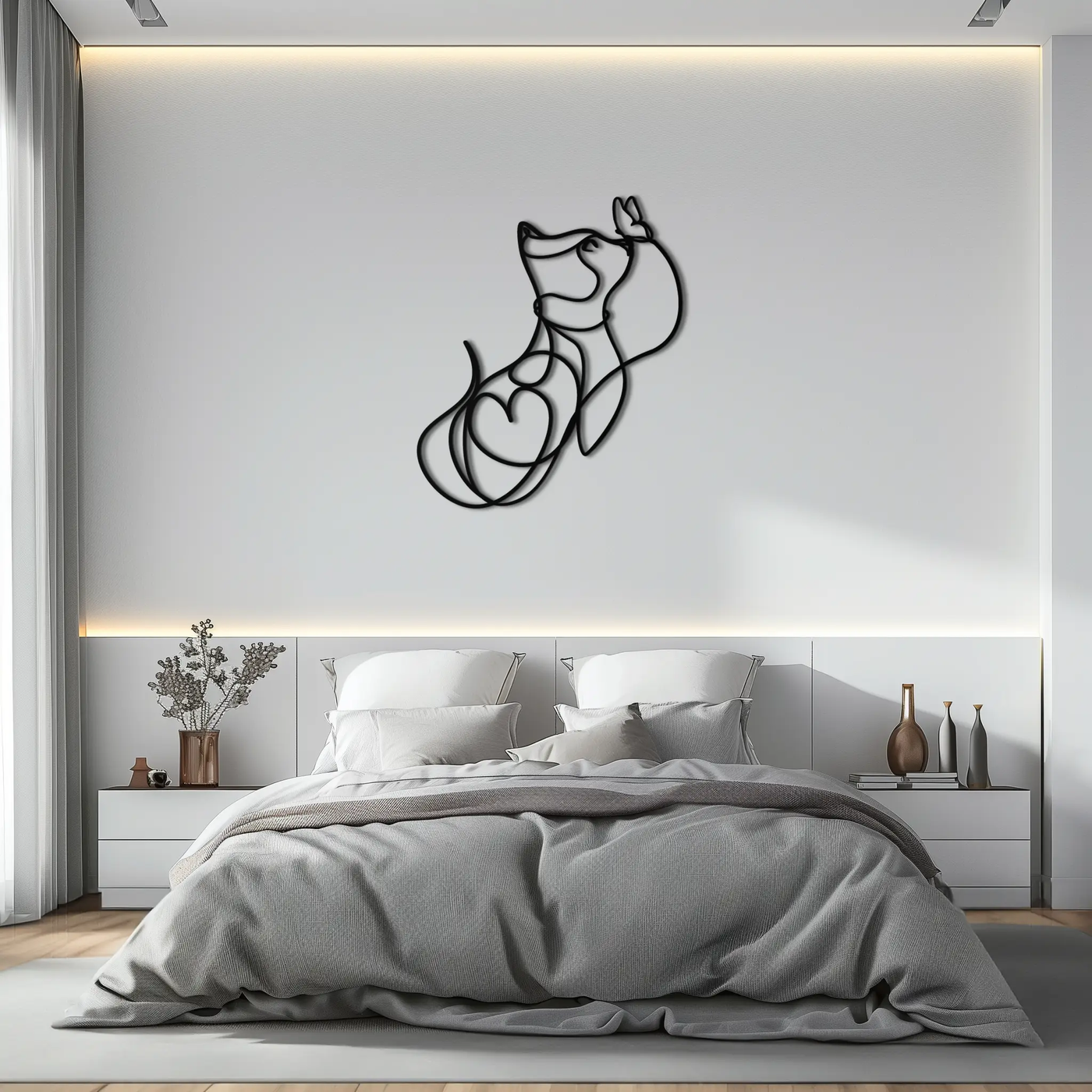 Dog and Butterfly Line Art Metal Wall Decor – Minimalist Pet Silhouette Black Steel Artwork for Home Interiors- KAF414 by Enova Art