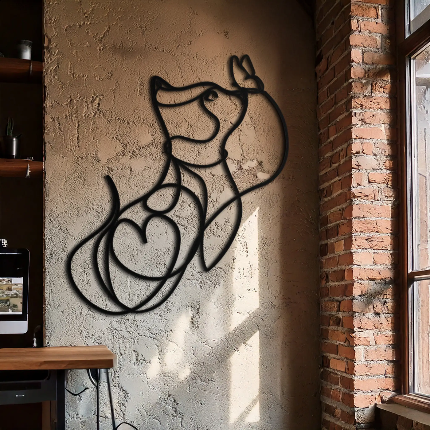 Dog and Butterfly Line Art Metal Wall Decor – Minimalist Pet Silhouette Black Steel Artwork for Home Interiors- KAF414 by Enova Art