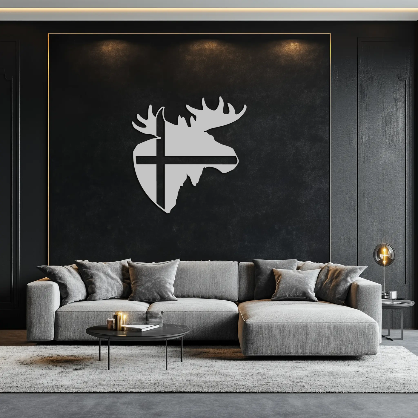 Nordic Moose Silhouette Metal Wall Art – Scandinavian Elk Head with Cross Decor for Modern Rustic Interiors- KAF415 by Enova Art