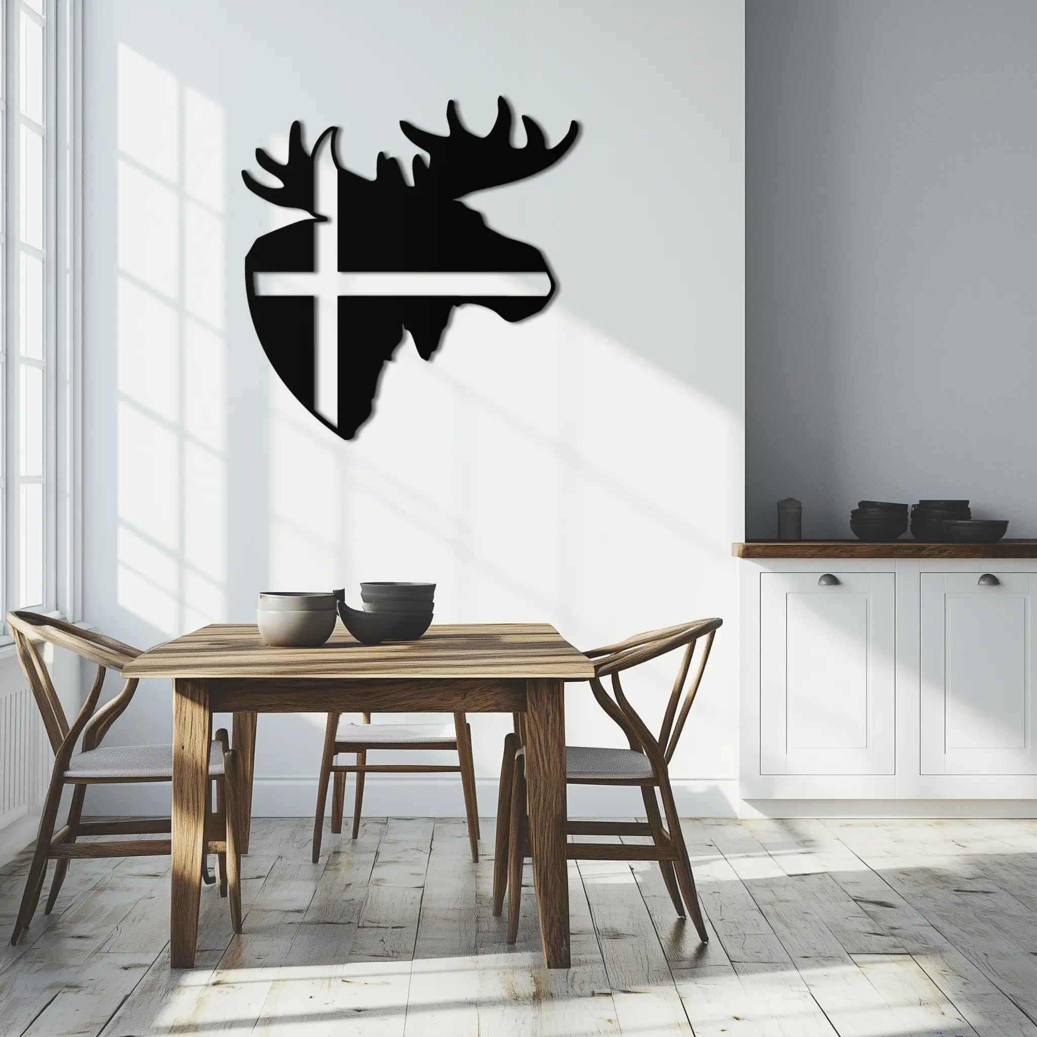 Nordic Moose Silhouette Metal Wall Art – Scandinavian Elk Head with Cross Decor for Modern Rustic Interiors- KAF415 by Enova Art