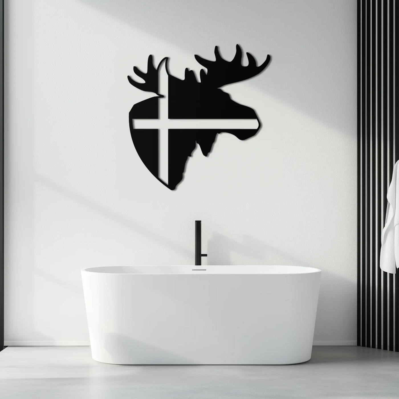 Nordic Moose Silhouette Metal Wall Art – Scandinavian Elk Head with Cross Decor for Modern Rustic Interiors- KAF415 by Enova Art
