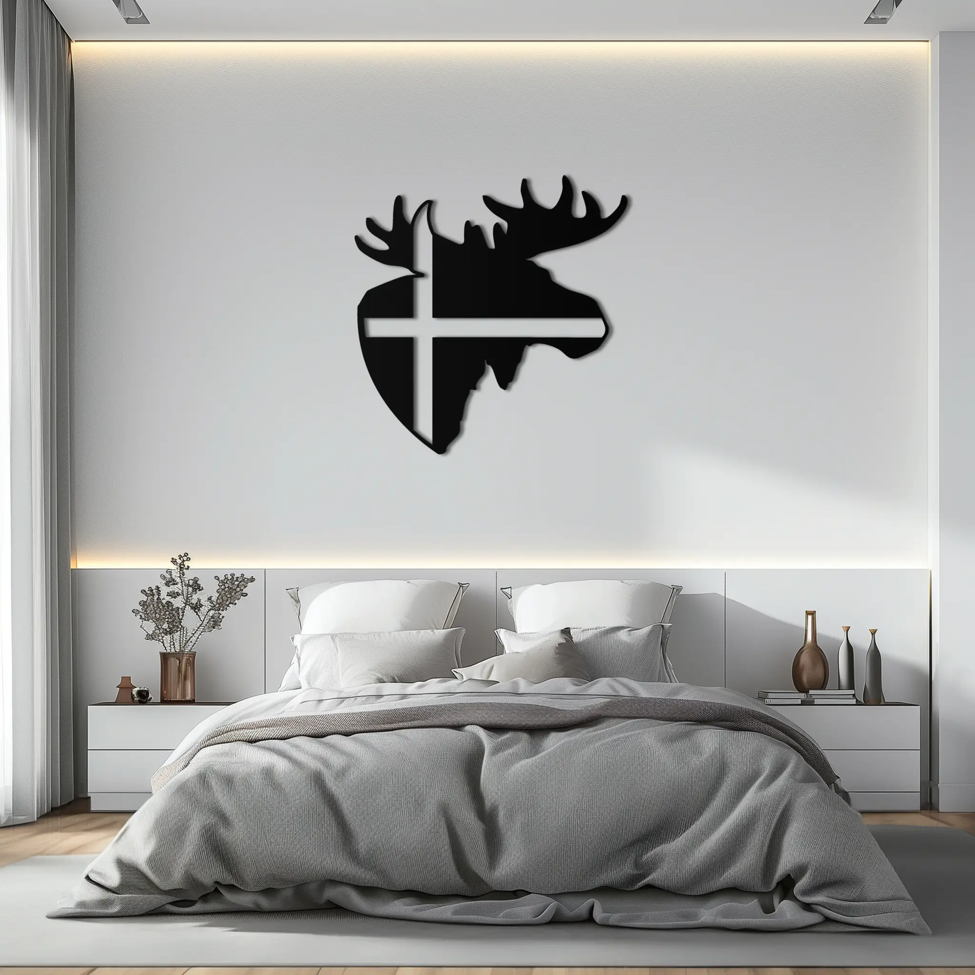 Nordic Moose Silhouette Metal Wall Art – Scandinavian Elk Head with Cross Decor for Modern Rustic Interiors- KAF415 by Enova Art