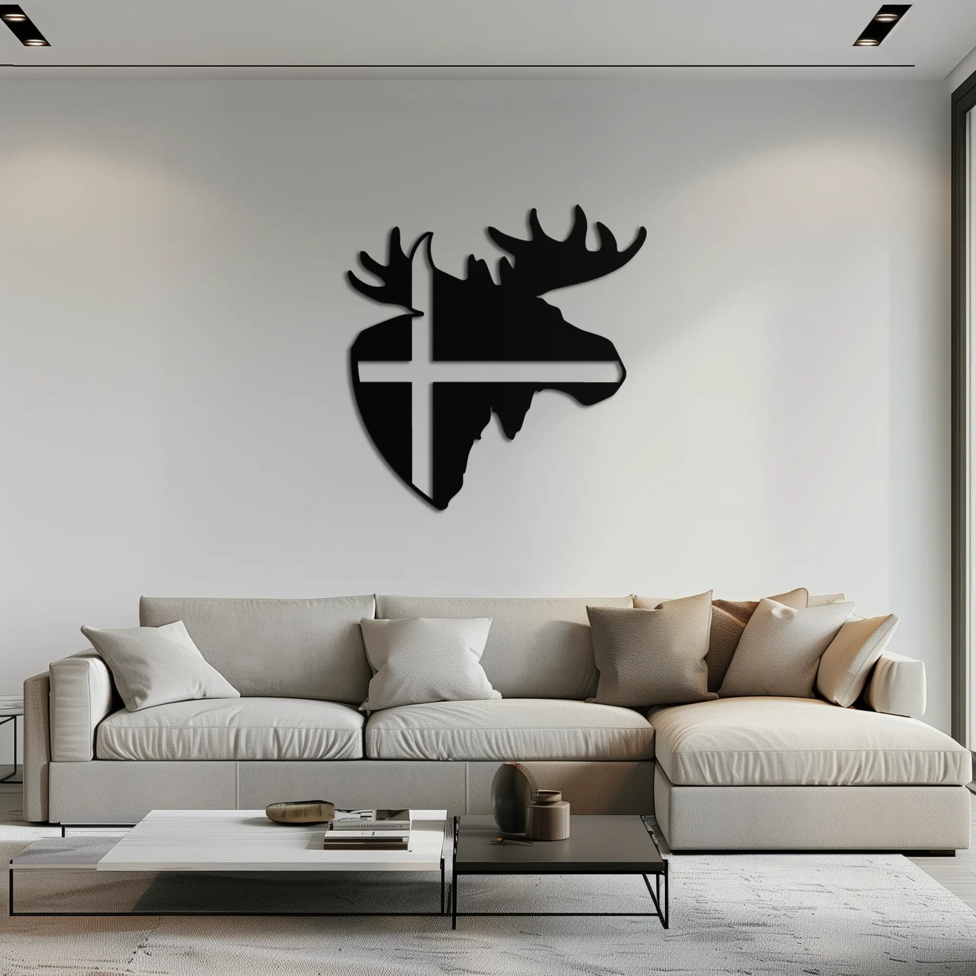 Nordic Moose Silhouette Metal Wall Art – Scandinavian Elk Head with Cross Decor for Modern Rustic Interiors- KAF415 by Enova Art