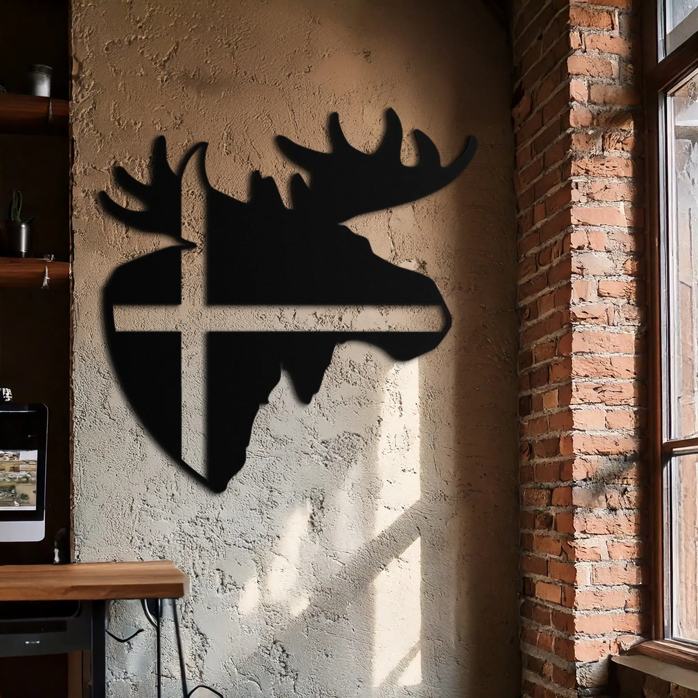Nordic Moose Silhouette Metal Wall Art – Scandinavian Elk Head with Cross Decor for Modern Rustic Interiors- KAF415 by Enova Art