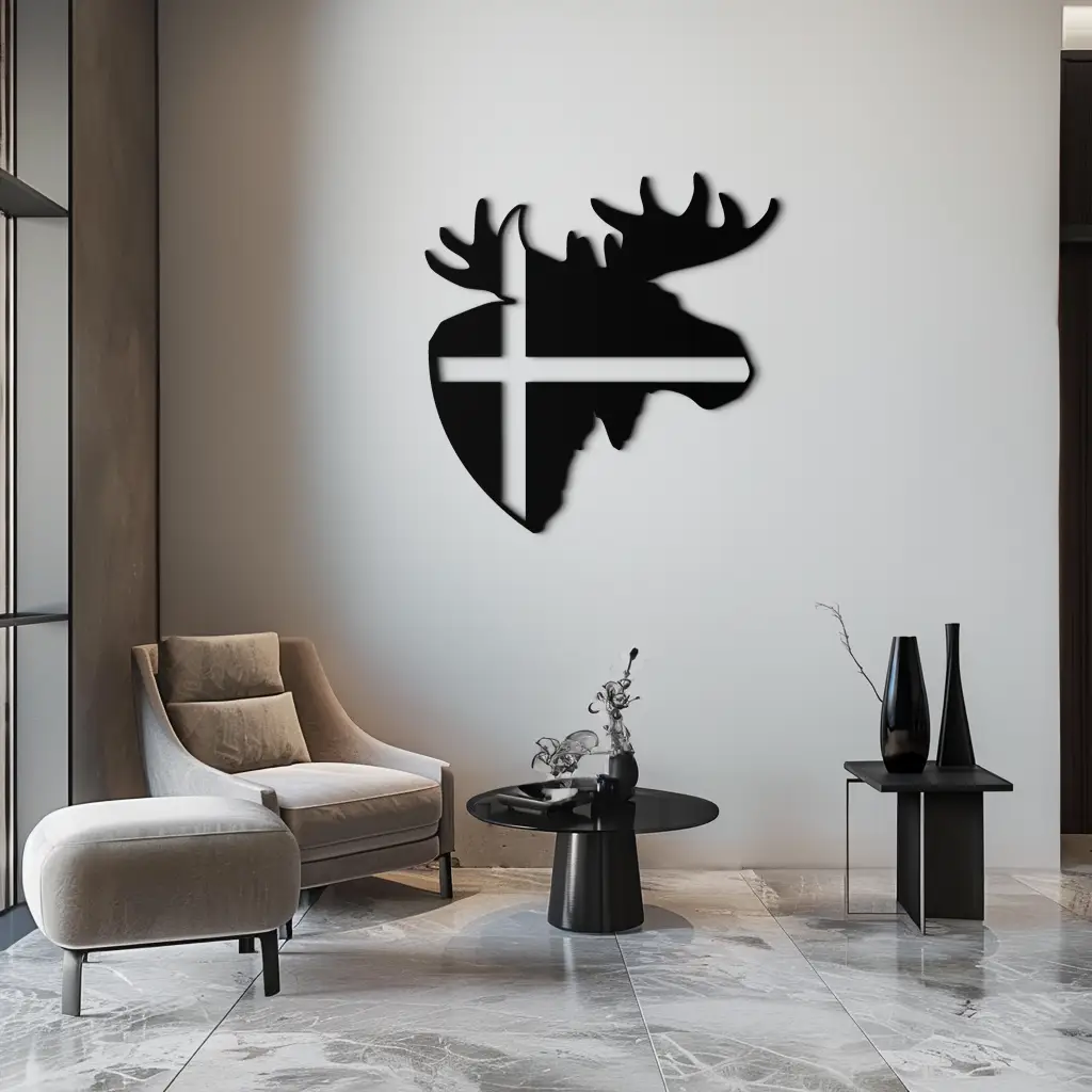 Nordic Moose Silhouette Metal Wall Art – Scandinavian Elk Head with Cross Decor for Modern Rustic Interiors- KAF415 by Enova Art