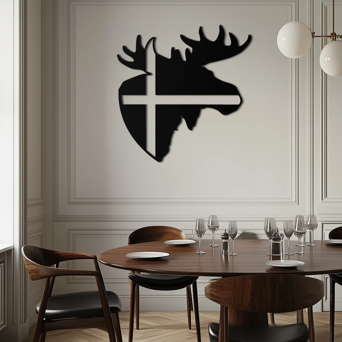 Nordic Moose Silhouette Metal Wall Art – Scandinavian Elk Head with Cross Decor for Modern Rustic Interiors- KAF415 by Enova Art