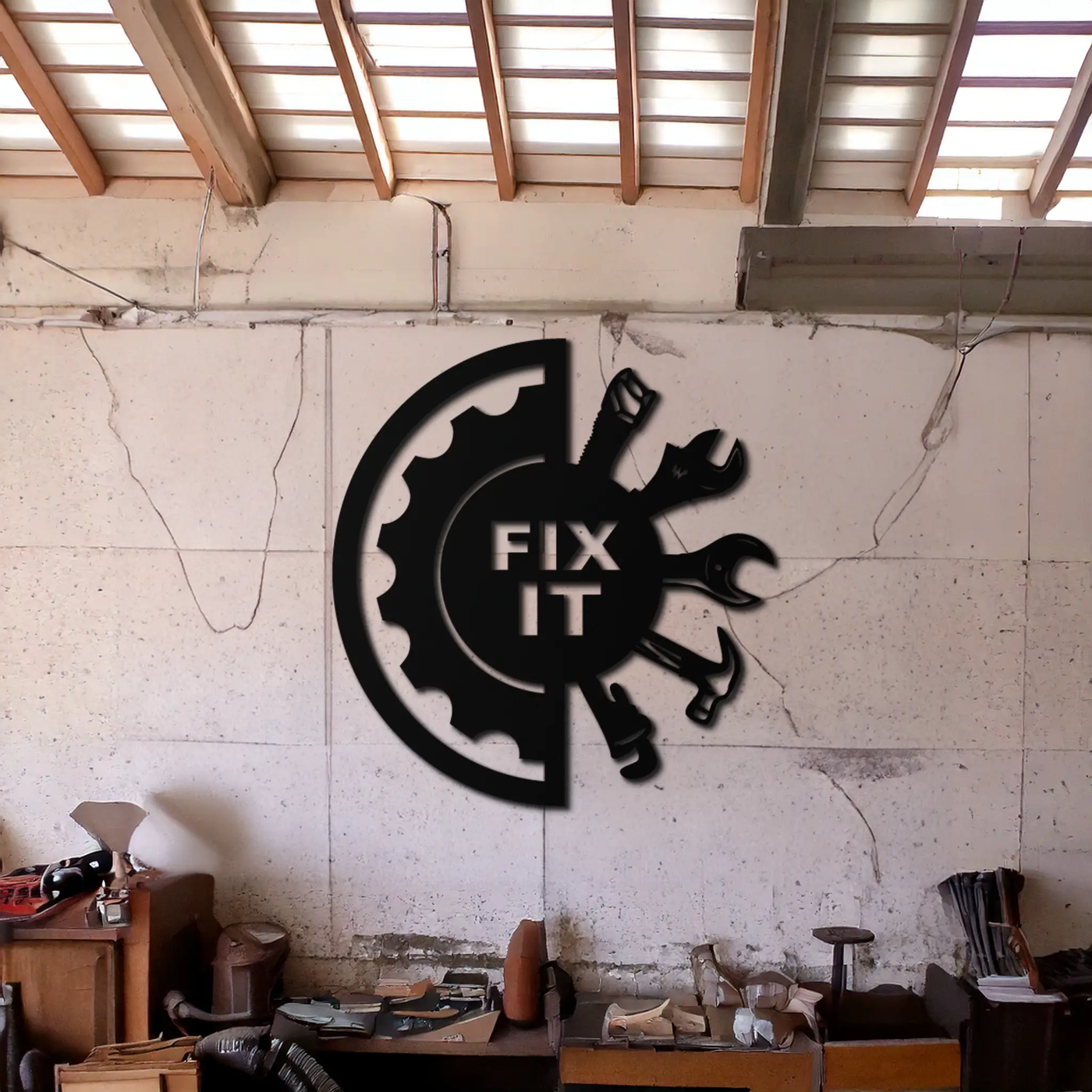Fix It Tools Metal Wall Art – Industrial Gear & Hand Tools Silhouette Black Steel Decor for Garage or Workshop- KAF419 by Enova Art