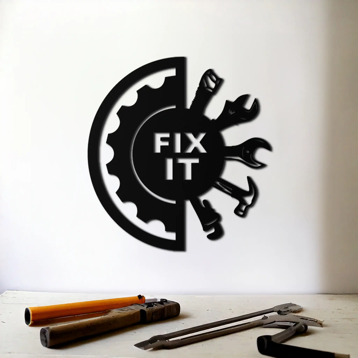 Fix It Tools Metal Wall Art – Industrial Gear & Hand Tools Silhouette Black Steel Decor for Garage or Workshop- KAF419 by Enova Art