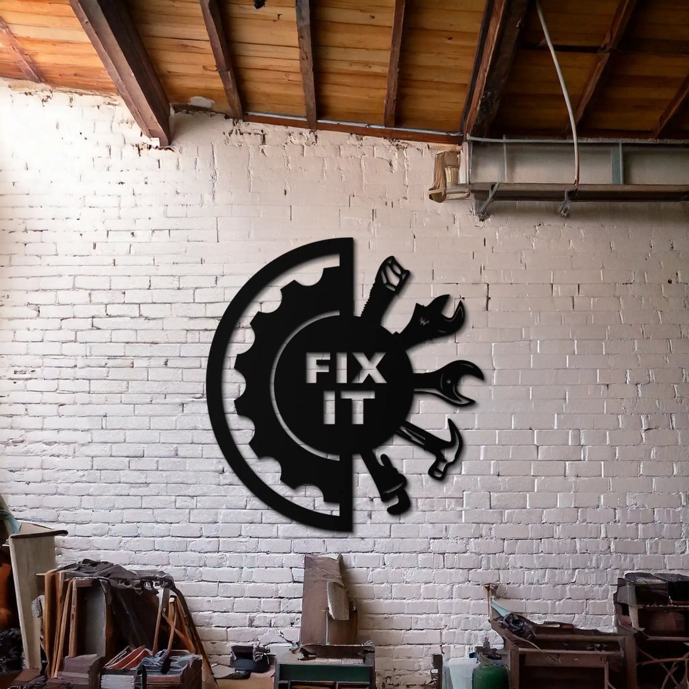 Fix It Tools Metal Wall Art – Industrial Gear & Hand Tools Silhouette Black Steel Decor for Garage or Workshop- KAF419 by Enova Art