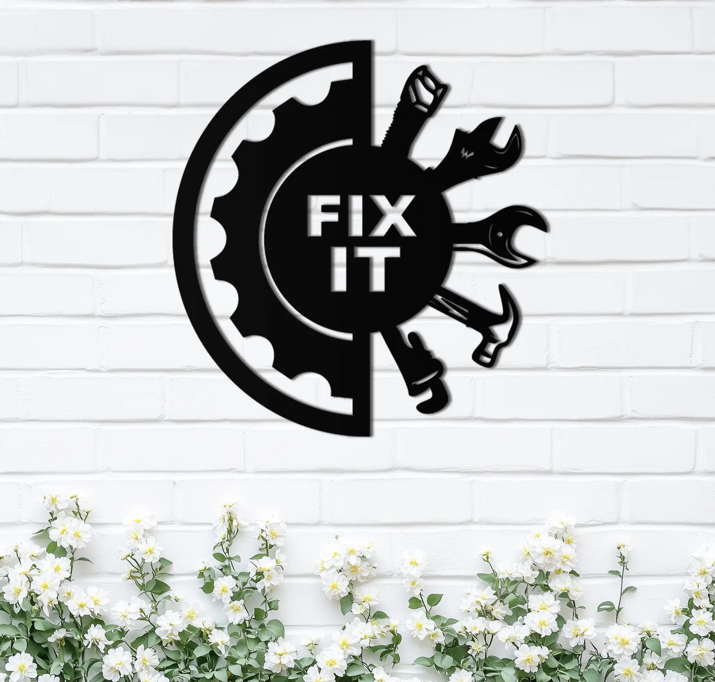 Fix It Tools Metal Wall Art – Industrial Gear & Hand Tools Silhouette Black Steel Decor for Garage or Workshop- KAF419 by Enova Art