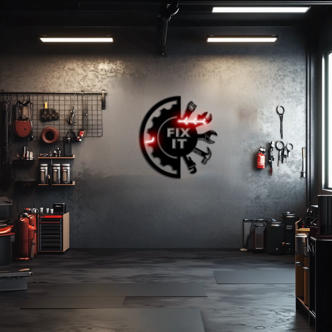 Fix It Tools Metal Wall Art – Industrial Gear & Hand Tools Silhouette Black Steel Decor for Garage or Workshop- KAF419 by Enova Art