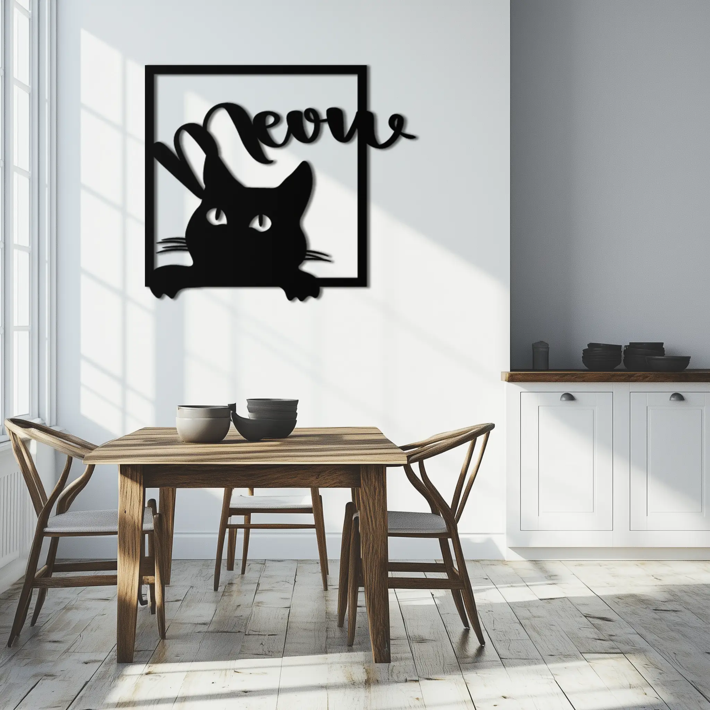 Cute Peeking Cat "Meow" Metal Wall Art – Playful Black Cat Silhouette Steel Decor for Pet Lovers and Home Interiors- KAF425 by Enova Art