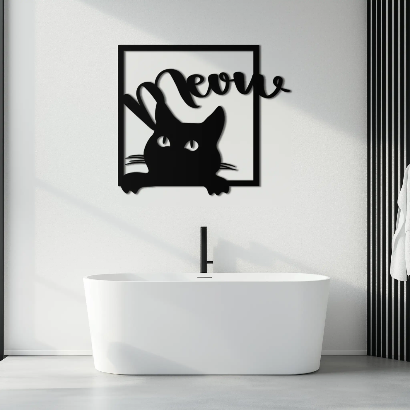 Cute Peeking Cat "Meow" Metal Wall Art – Playful Black Cat Silhouette Steel Decor for Pet Lovers and Home Interiors- KAF425 by Enova Art