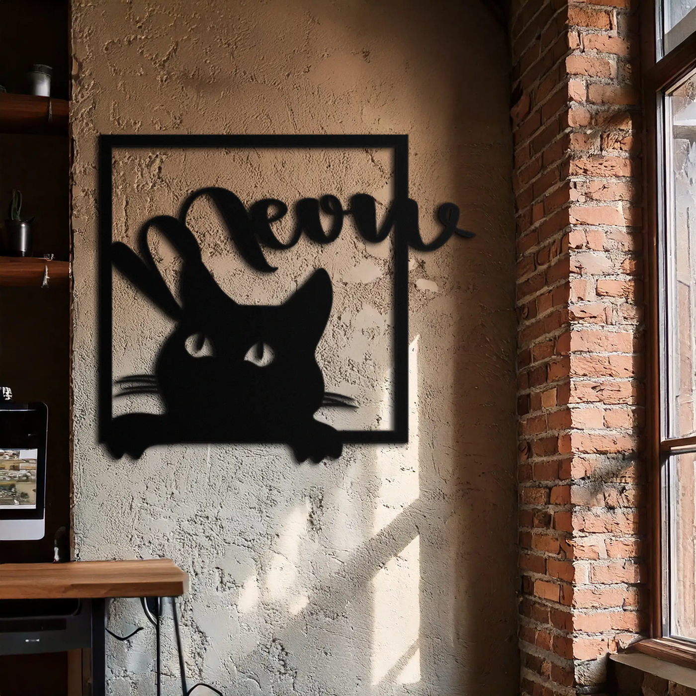Cute Peeking Cat "Meow" Metal Wall Art – Playful Black Cat Silhouette Steel Decor for Pet Lovers and Home Interiors- KAF425 by Enova Art