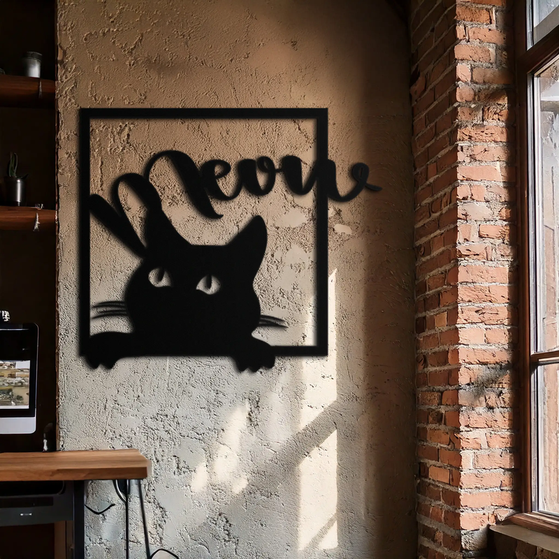 Cute Peeking Cat "Meow" Metal Wall Art – Playful Black Cat Silhouette Steel Decor for Pet Lovers and Home Interiors- KAF425 by Enova Art