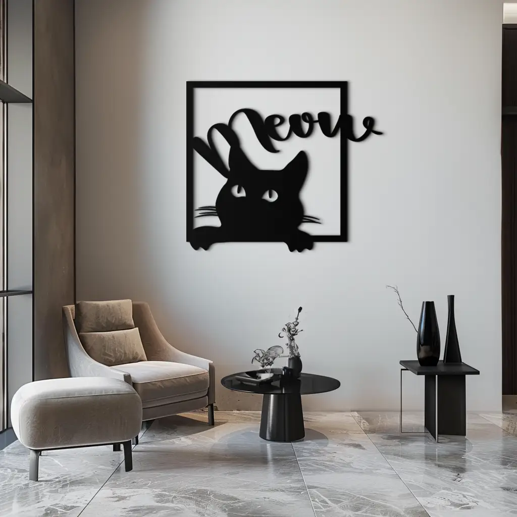 Cute Peeking Cat "Meow" Metal Wall Art – Playful Black Cat Silhouette Steel Decor for Pet Lovers and Home Interiors- KAF425 by Enova Art