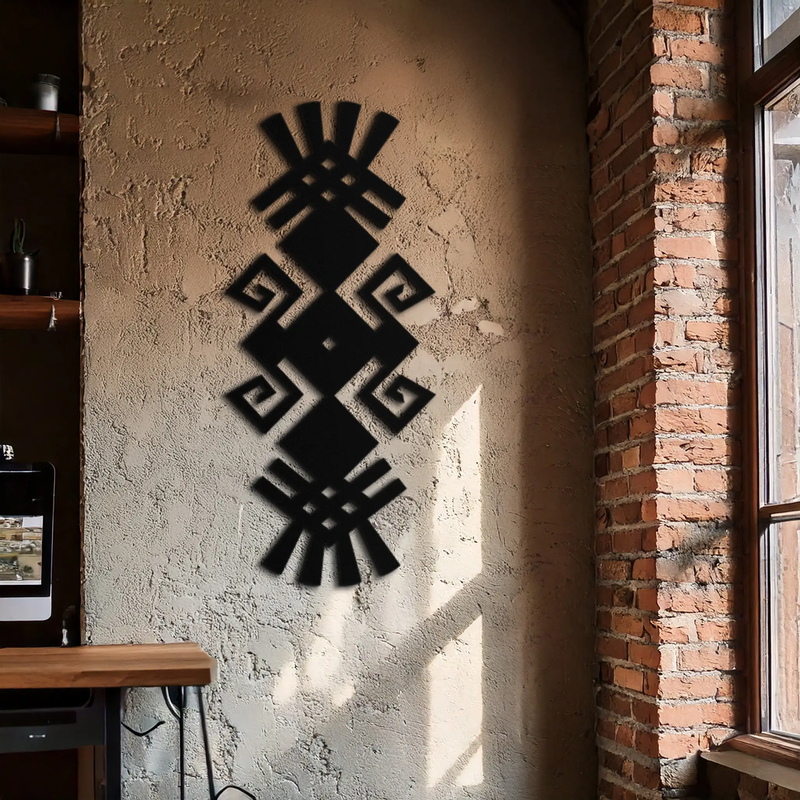 Tribal Ethnic Pattern Metal Wall Art – Abstract Geometric Black Steel Decor for Modern Bohemian Interiors- KAF432 by Enova Art