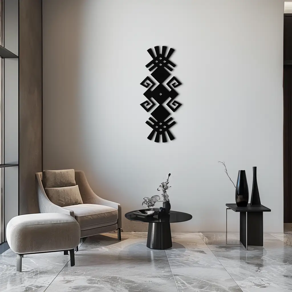 Tribal Ethnic Pattern Metal Wall Art – Abstract Geometric Black Steel Decor for Modern Bohemian Interiors- KAF432 by Enova Art
