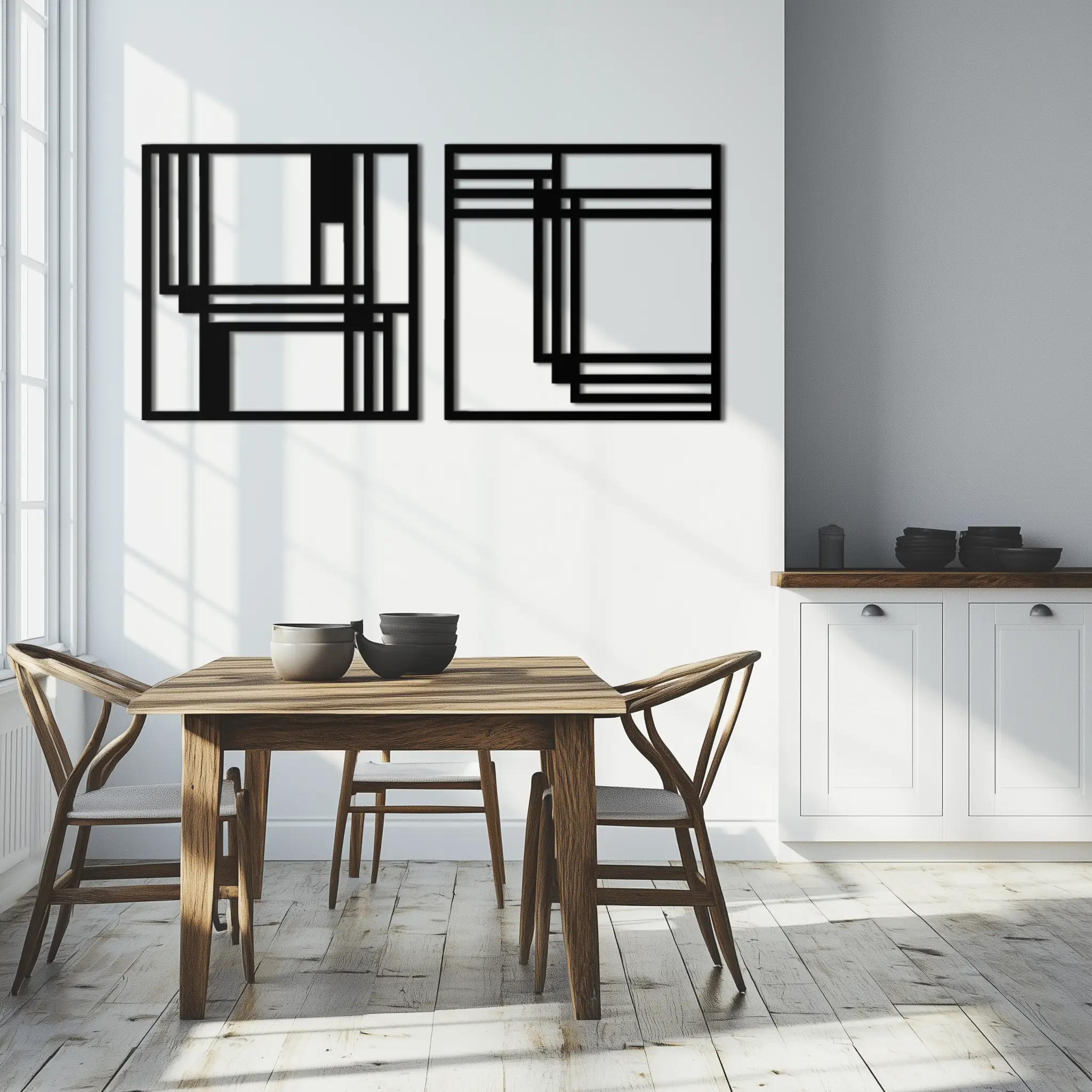 Modern Abstract Rectangles Metal Wall Art – Geometric Minimalist Black Steel Decor, 2 Panel Set for Contemporary Interiors- KAF433 by Enova Art