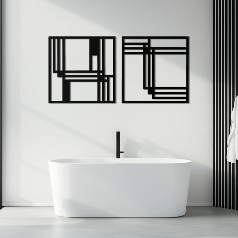 Modern Abstract Rectangles Metal Wall Art – Geometric Minimalist Black Steel Decor, 2 Panel Set for Contemporary Interiors- KAF433 by Enova Art
