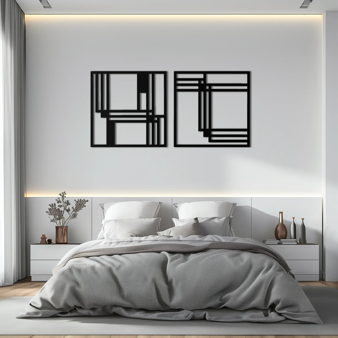Modern Abstract Rectangles Metal Wall Art – Geometric Minimalist Black Steel Decor, 2 Panel Set for Contemporary Interiors- KAF433 by Enova Art