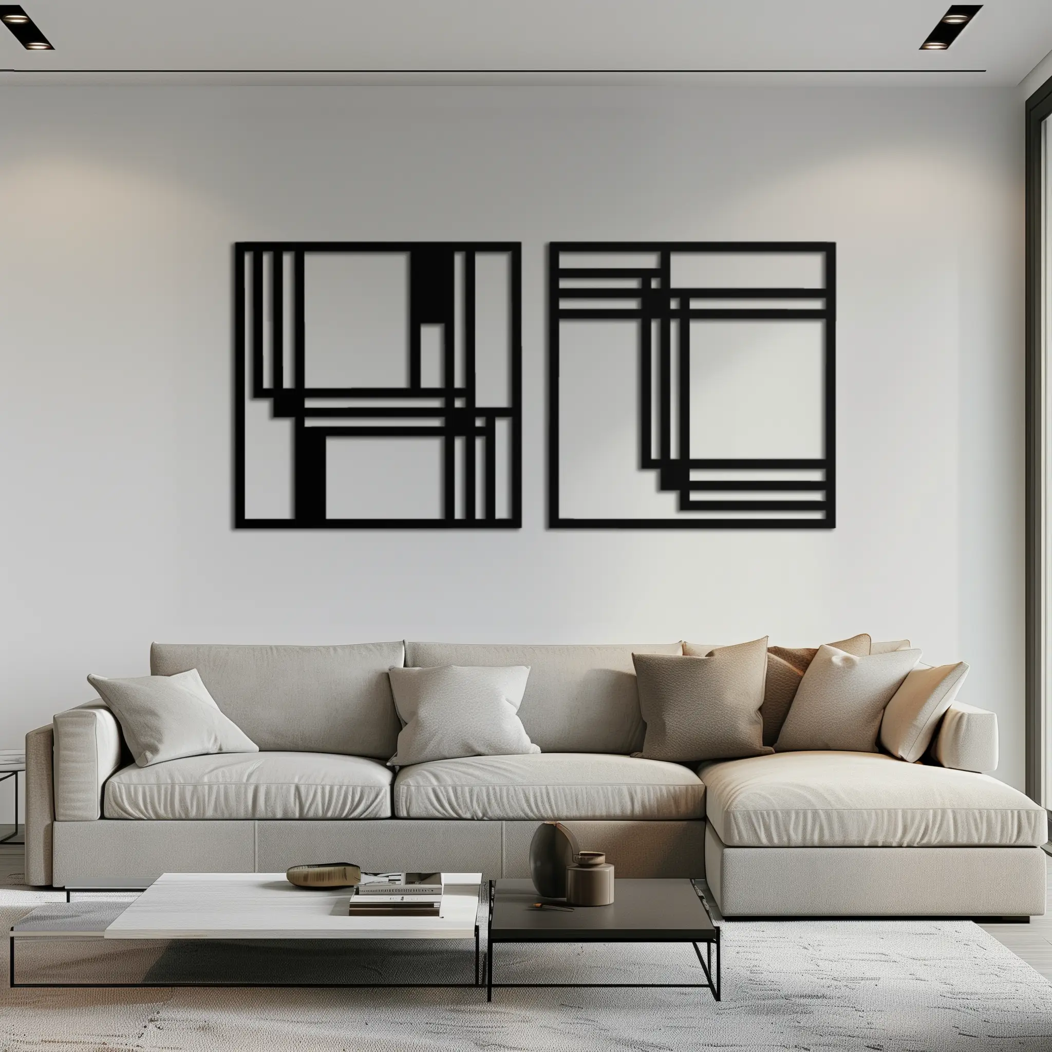 Modern Abstract Rectangles Metal Wall Art – Geometric Minimalist Black Steel Decor, 2 Panel Set for Contemporary Interiors- KAF433 by Enova Art