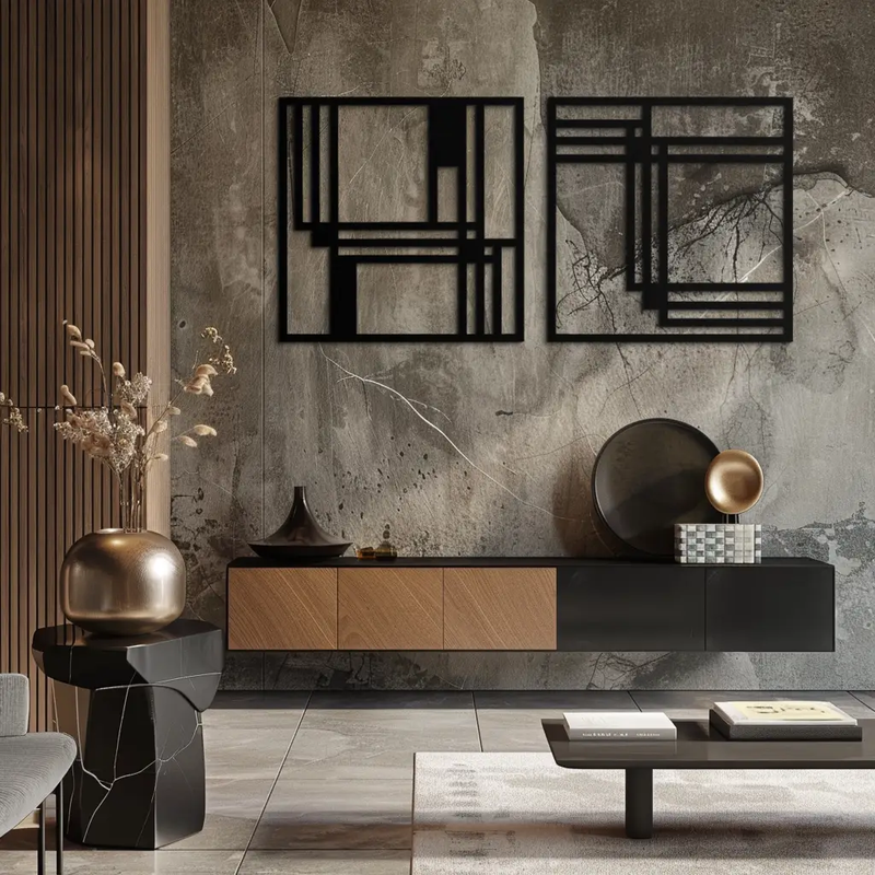 Modern Abstract Rectangles Metal Wall Art – Geometric Minimalist Black Steel Decor, 2 Panel Set for Contemporary Interiors- KAF433 by Enova Art