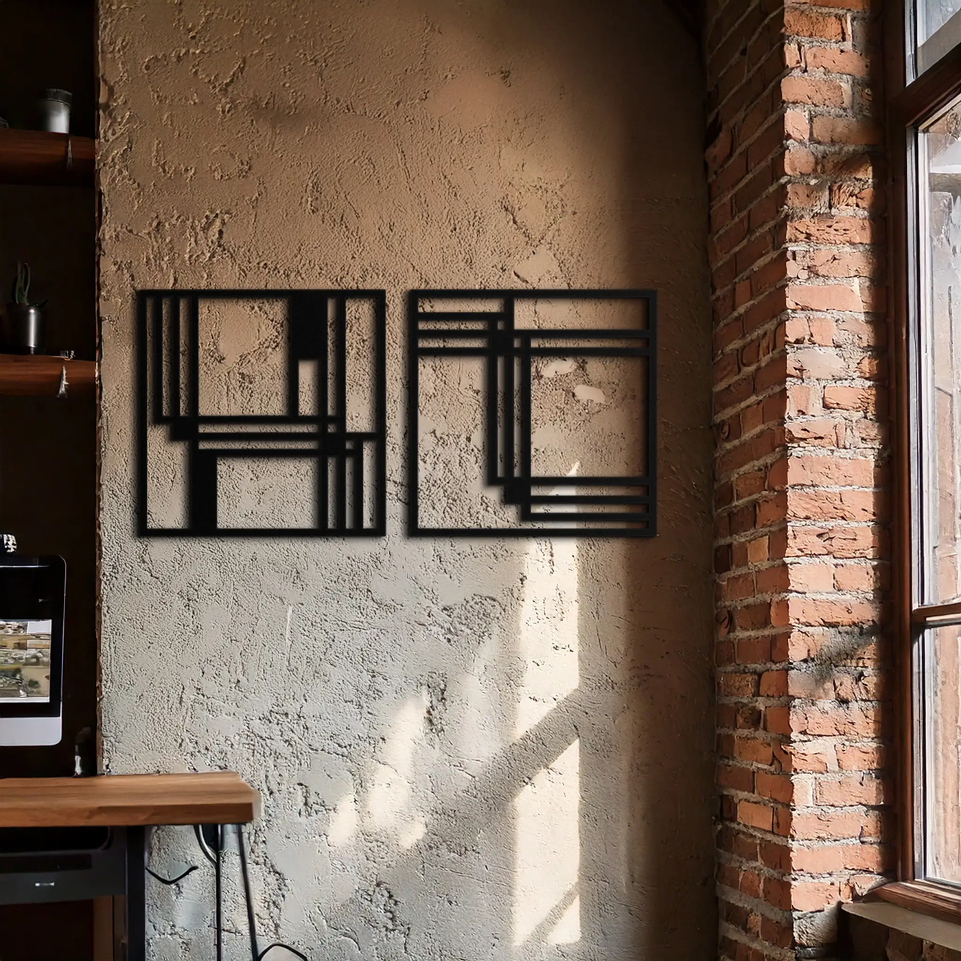 Modern Abstract Rectangles Metal Wall Art – Geometric Minimalist Black Steel Decor, 2 Panel Set for Contemporary Interiors- KAF433 by Enova Art