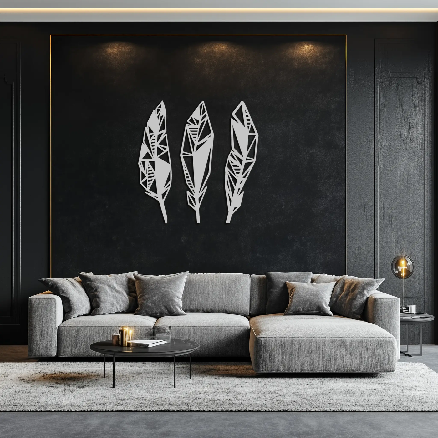 Geometric Feather Trio Metal Wall Art – Abstract Minimalist Black Steel Feather Set for Modern Bohemian Interiors- KAF434 by Enova Art
