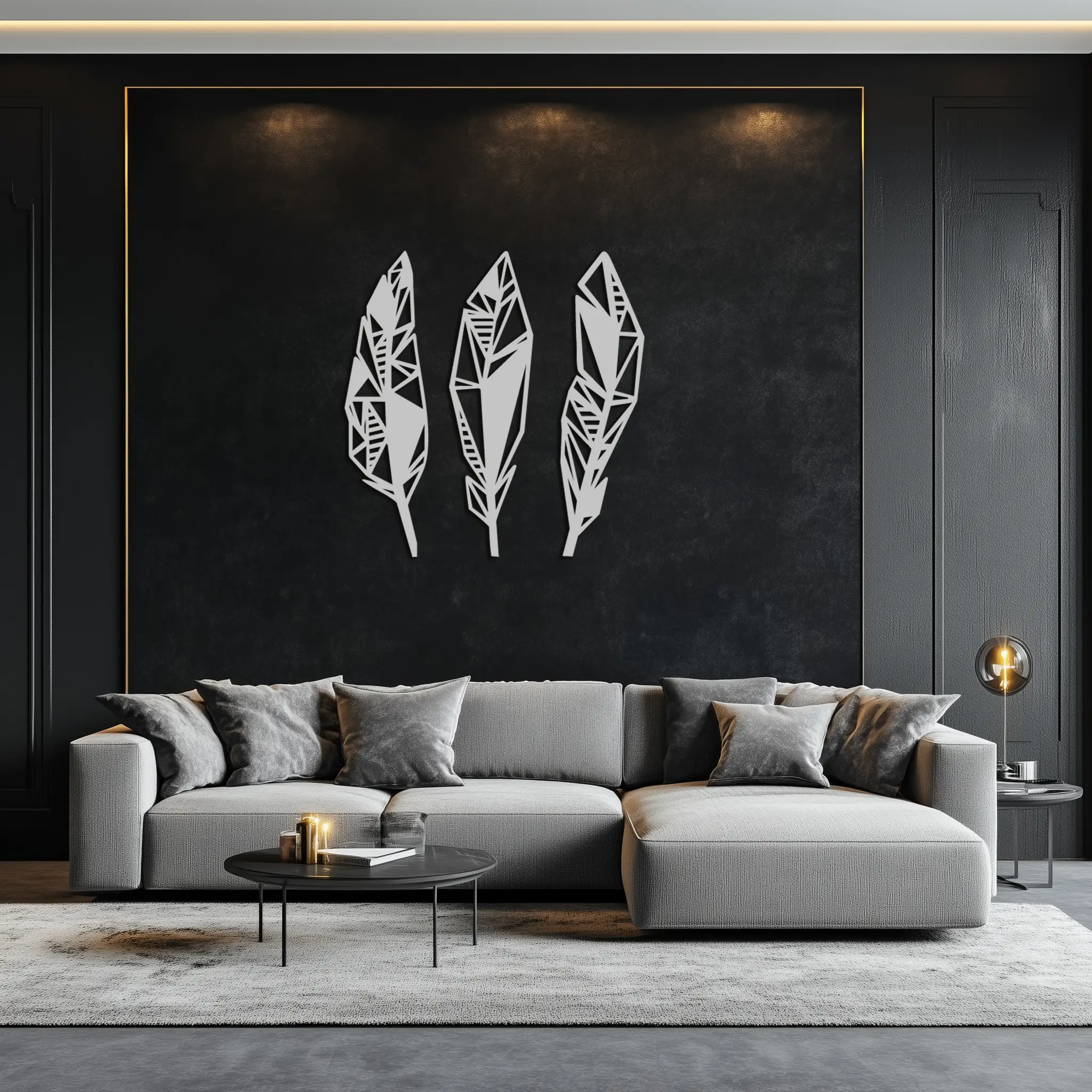 Geometric Feather Trio Metal Wall Art – Abstract Minimalist Black Steel Feather Set for Modern Bohemian Interiors- KAF434 by Enova Art