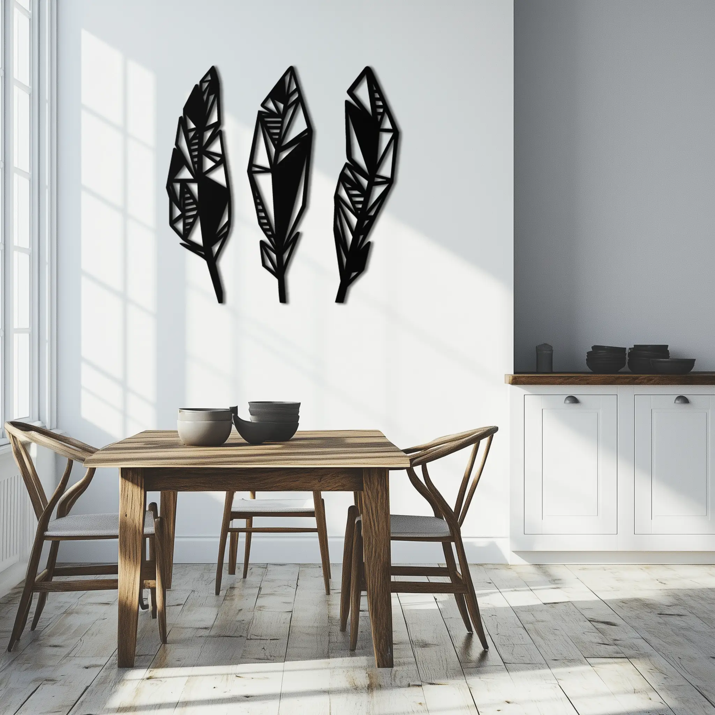 Geometric Feather Trio Metal Wall Art – Abstract Minimalist Black Steel Feather Set for Modern Bohemian Interiors- KAF434 by Enova Art