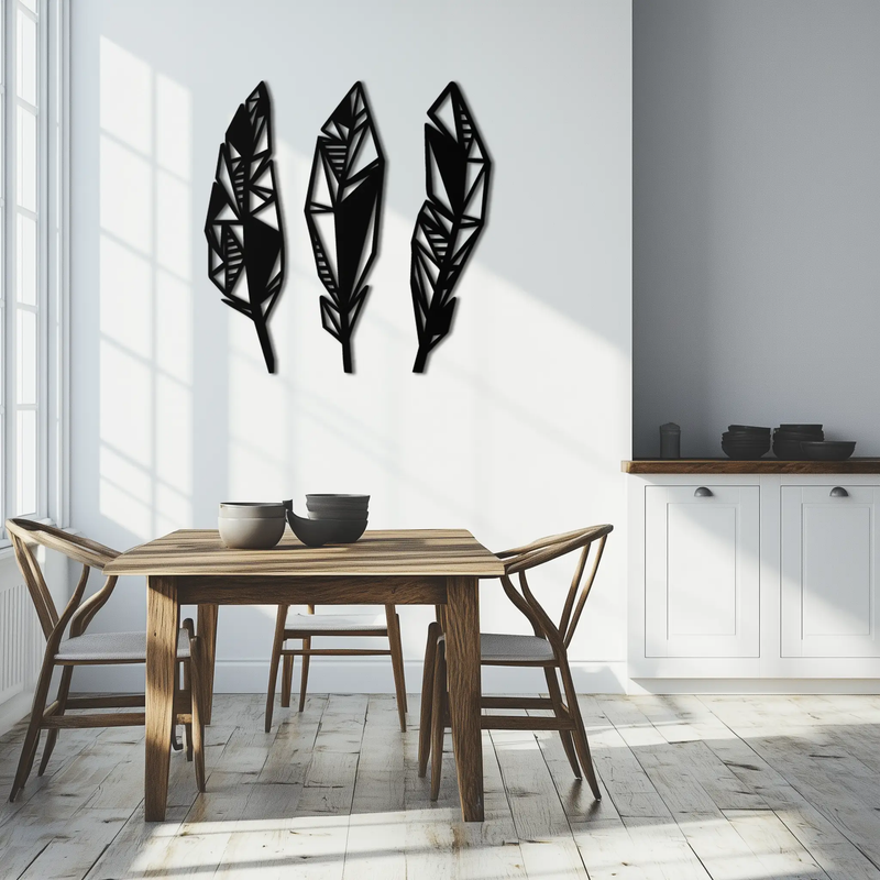 Geometric Feather Trio Metal Wall Art – Abstract Minimalist Black Steel Feather Set for Modern Bohemian Interiors- KAF434 by Enova Art