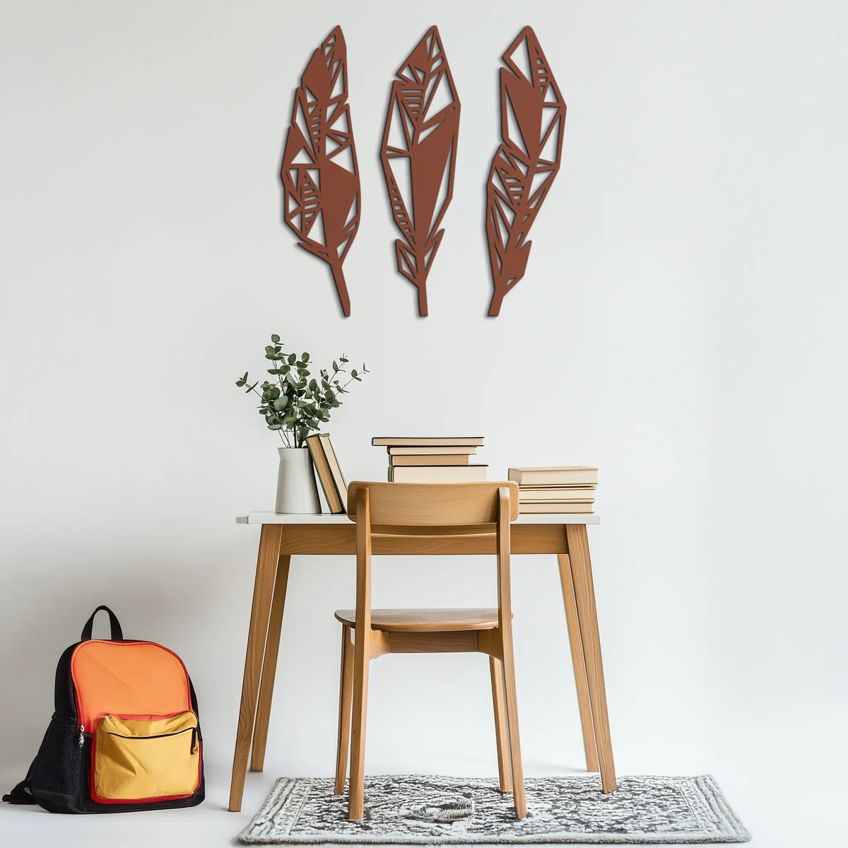 Geometric Feather Trio Metal Wall Art – Abstract Minimalist Black Steel Feather Set for Modern Bohemian Interiors- KAF434 by Enova Art