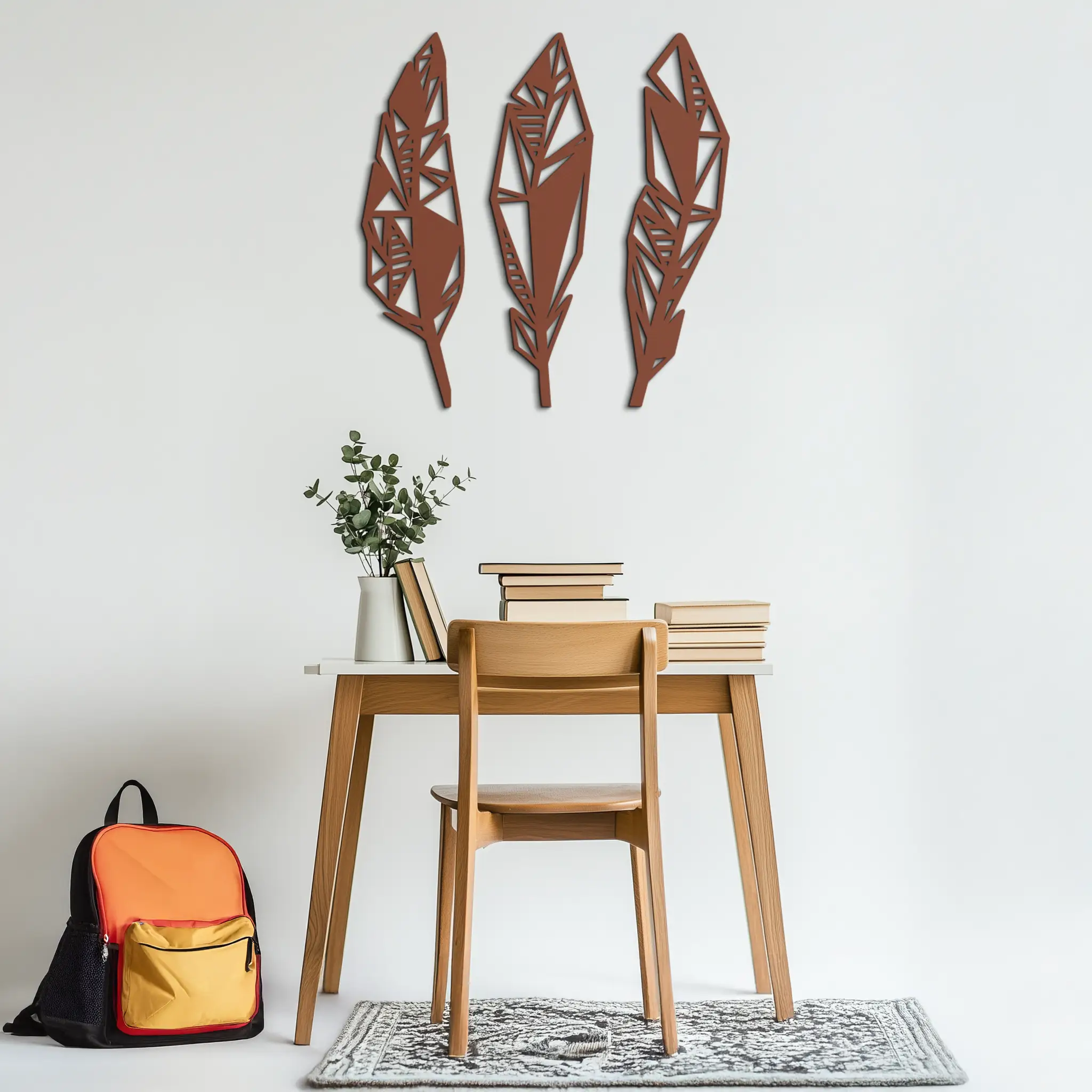 Geometric Feather Trio Metal Wall Art – Abstract Minimalist Black Steel Feather Set for Modern Bohemian Interiors- KAF434 by Enova Art