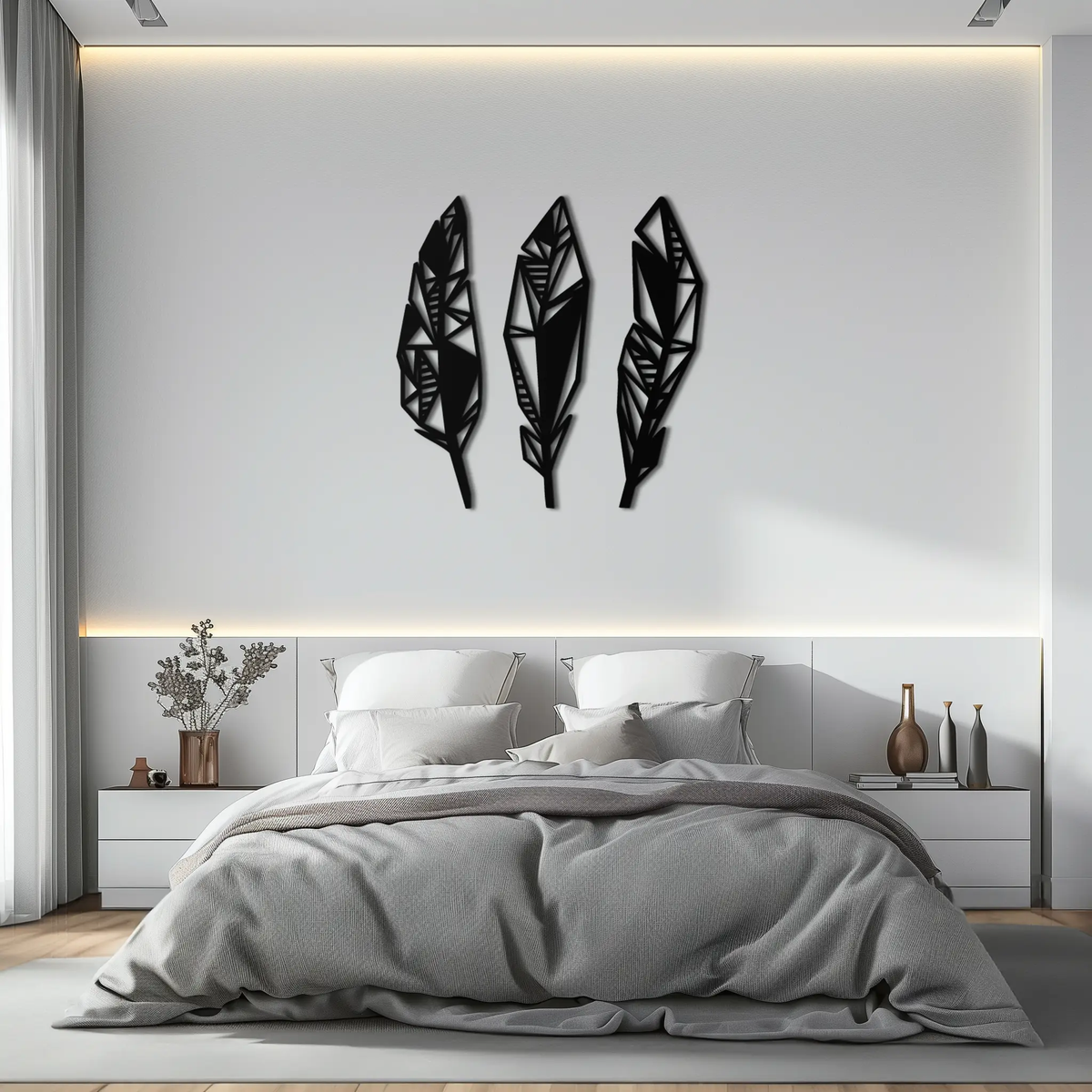 Geometric Feather Trio Metal Wall Art – Abstract Minimalist Black Steel Feather Set for Modern Bohemian Interiors- KAF434 by Enova Art