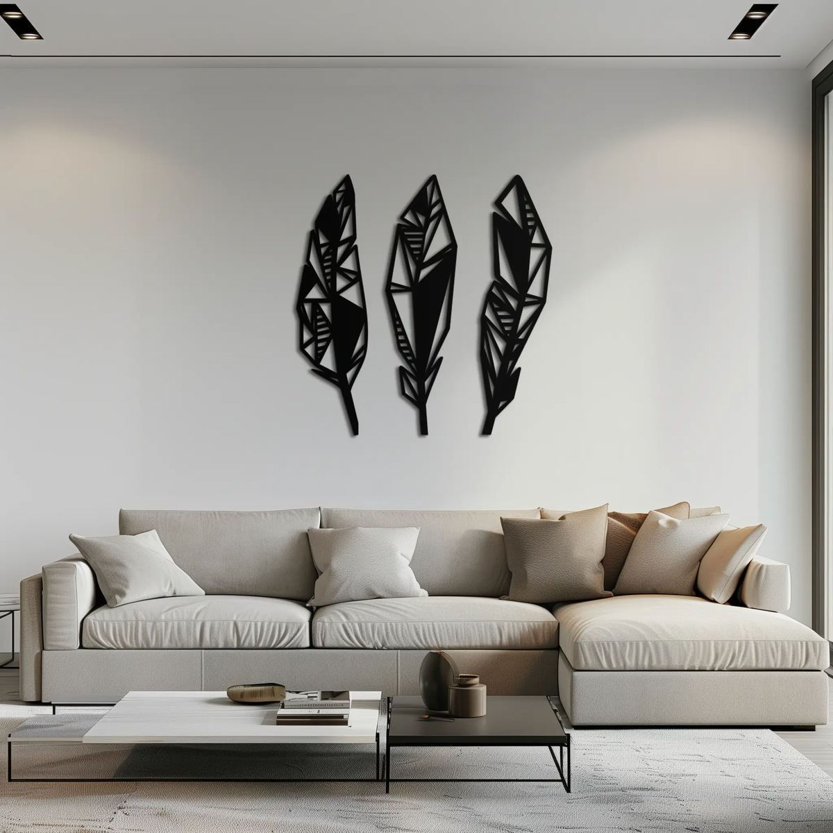 Geometric Feather Trio Metal Wall Art – Abstract Minimalist Black Steel Feather Set for Modern Bohemian Interiors- KAF434 by Enova Art