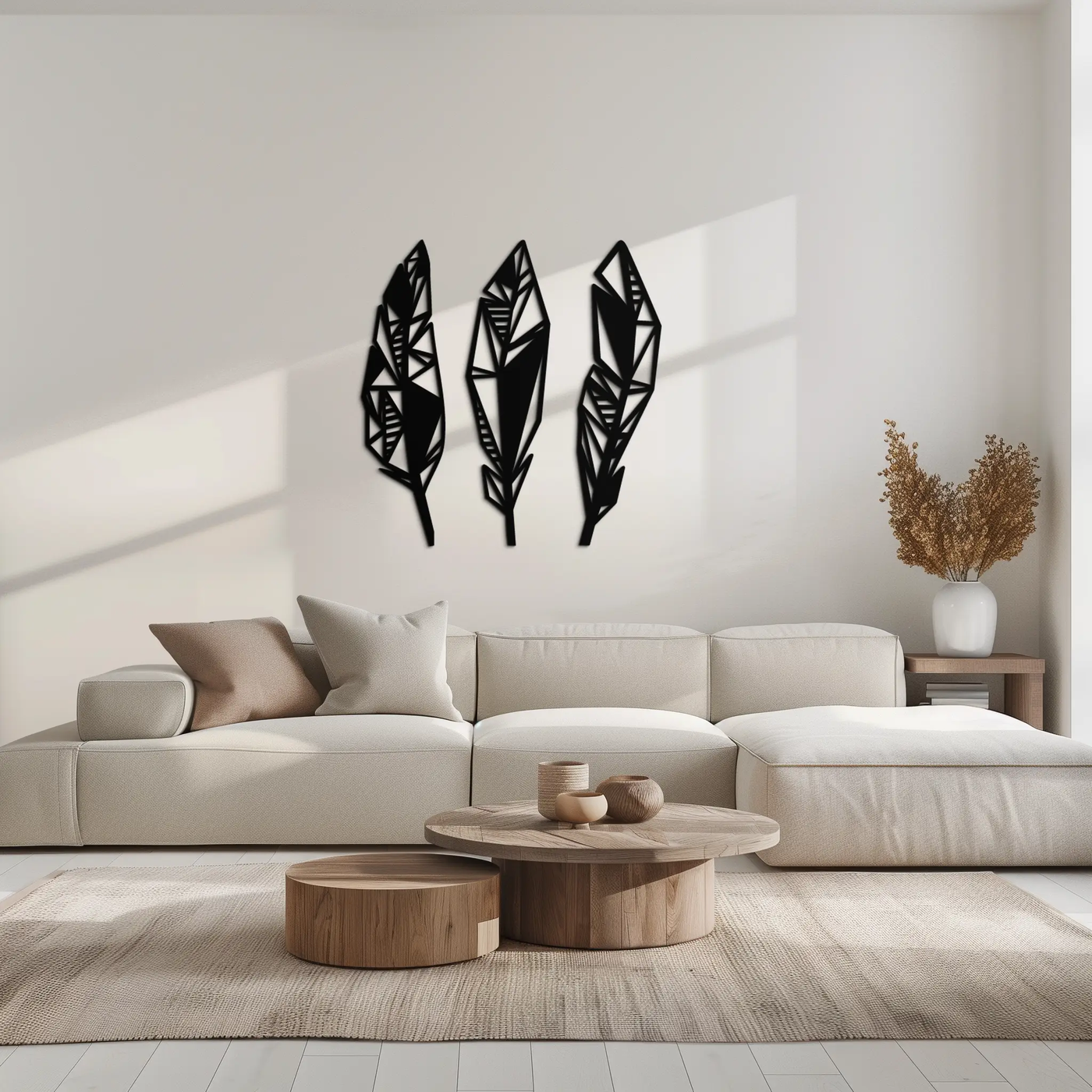 Geometric Feather Trio Metal Wall Art – Abstract Minimalist Black Steel Feather Set for Modern Bohemian Interiors- KAF434 by Enova Art