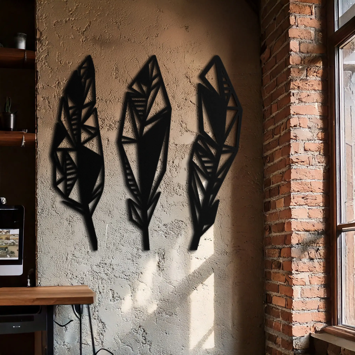 Geometric Feather Trio Metal Wall Art – Abstract Minimalist Black Steel Feather Set for Modern Bohemian Interiors- KAF434 by Enova Art