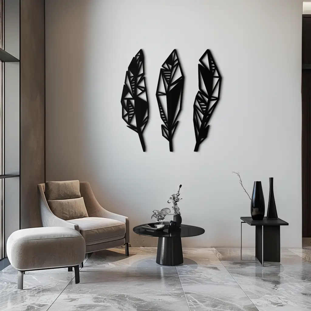 Geometric Feather Trio Metal Wall Art – Abstract Minimalist Black Steel Feather Set for Modern Bohemian Interiors- KAF434 by Enova Art